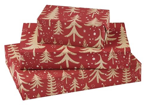 RUSPEPA Rouleau de Papier d'Emballage de Noël Kraft - 43,2 cm x 10 m - Conception d'Arbre de Noël Rouge pour Emballage Cadeau de Vacances