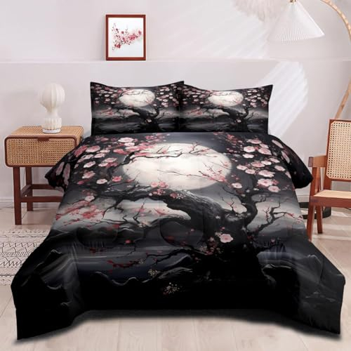 Nyescasa Bettwäsche 155x220 Schwarz Rosa Blumen Bettwäsche Set Japanischen Kirschblüten Pflanzen Muster Wendebettwäsche Weich Mikrofaser Bunt Bettbezug mit Reißverschluss und Kissenbezug 80x80cm