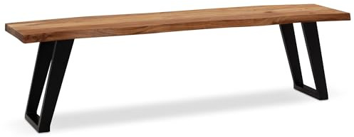 FineBuy Esszimmerbank 180x40x45,5 cm Akazie Massivholz/Metall mit Baumkante, Esstischbank Modern, Holzbank Massiv ohne Lehne, Küchenbank Essbank mit U-Beinen, Sitzbank Esszimmer Groß Braun
