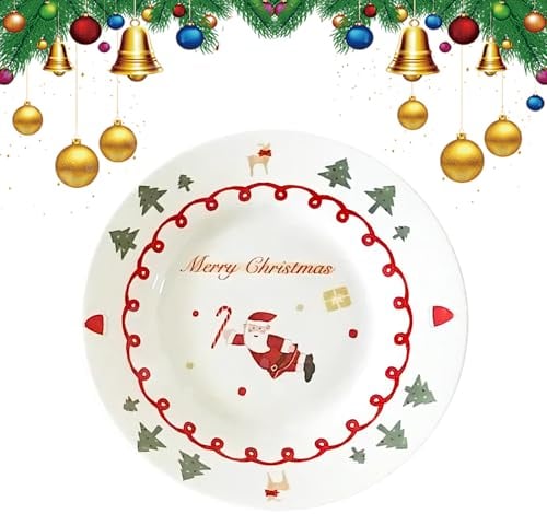 Copbopwn Plato Redondo con Tema Navideño de 8 Platos de Navidad Platos de Cerámica para Cena de Navidad Platos Navideños para Nochebuena para Ensalada Pasta y Presentación en la Mesa (Santa)