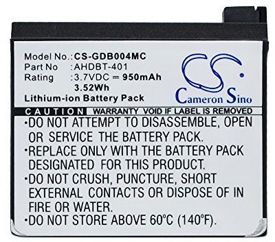 950mAh 3.52Wh Battery Replacement for GoPro Hero 4, Hero 4 Black, Hero 4 Silver, Hero 4+ fit Part No. 335-06532-000, AHDBT-401