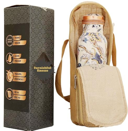 FURNISHFUL FINESSE Wasserflasche aus reinem Kupfer, mit Tragetasche zum Trinken, auslaufsicherer Deckel, groß, handgefertigt, für Reisen, Fitnessstudio, Büro, Wandern, Outdoor, Yoga - 2 Stück