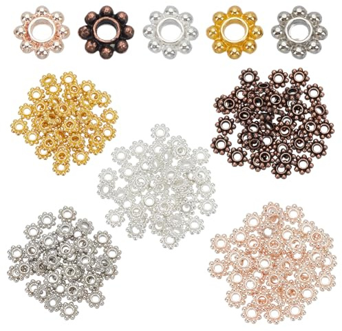 HOBBIESAY 5 Farbe 200 Stück Blumen Abstandsperlen 5mm Mini Metallperlen Lose Perlen Im Tibetischen Stil Gänseblümchen Perlen Verbindungsperlen Für DIY Armbänder Schmuckherstellung Bohrung:1.8mm