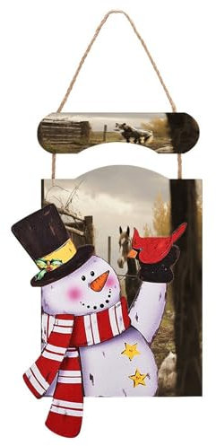 LBKHDS Weihnachts-Schneemann-Holzgemälde, Zaun und Pferd, Wanddekoration, Schneemann-Bild, dekorative Wandkunst
