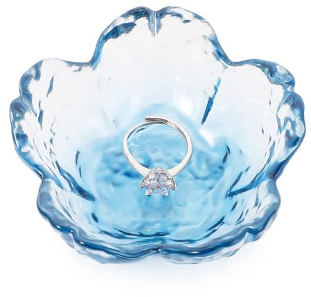 Qianyu Blue Flower Ring Dish Small Key Bowl Aesthetic Glass Trinket Tray Engagement Wedding Ring Holder Plate Room Decor Jewelry Dish Organizing Necklace Earrings for Mom Friend Sister