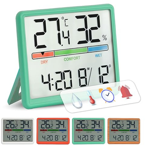 GIFTMARKET - Digitales Innenraumthermometer mit Hygrometer, Komfortanzeige, Uhr und Kalender, Farbe Grün, ideal für Zuhause, Material ABS, Maße 9,3 x 7,2 x 1,6 cm