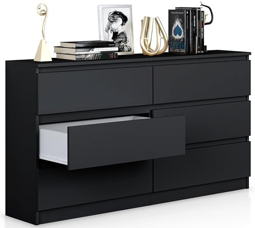 Beneli Kommode Schwarz 140x40x75 cm | Schubladenkommode mit 6 Schubladen | Stilvolles Sideboard für Wohnzimmer, Schlafzimmer & Flur | Moderne Aufbewahrung