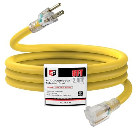 EP 8 Feet 12/3 SJTW Light Extension Cable, Heavy Duty Yellow Extension Cord with 3 Pin Earth Plug, Power Cord for Lawn, Garden, Home Appliances