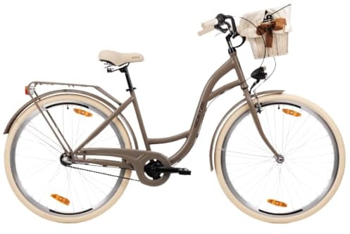 Goetze Style Damen Citybike 28 Zoll, Retro Fahrrad mit 3-Gang | Tiefeinsteiger, Shimano Nexus Nabenschaltung mit Rücktritt, LED-Beleuchtung, Rattankorb, Gepäckträger und Klingel