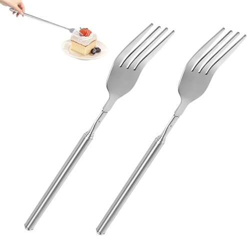 QUMENEY 2Pcs 65cm Extendable Fork Telescopic Fork Extra Long Handle Stainless Steel Retractable Dinner Dessert Fruit BBQ Tableware Supplies 8.7-25.6 Inch