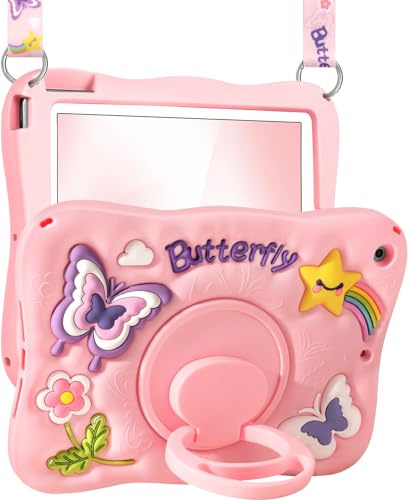 Kidcube for iPad 9th/8th/7th Generation Case 10.2 Inch - for Girls Cute Girly Kawaii 3D Butterfly Design Cover with Rotating Stand & Strap Unique Silicone Teens Women for iPad 9th/8th/7th Gen Case