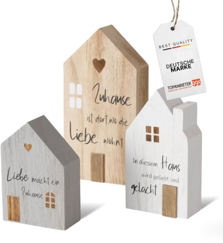TOPANBIETER 999 Dekoaufsteller Holz 3er Set – Moderne Wohnaccessoires mit liebenvollen Sprüchen– Hochwertige Holzdeko - Stilvolle Deko-Häuser aus Blauglockenbaum-Holz, bemalt in weiß, grau und Natur