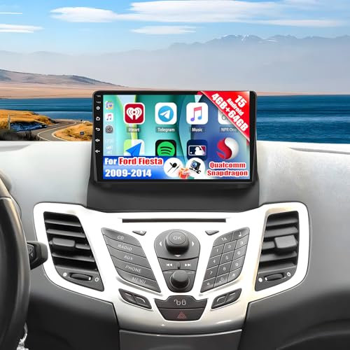 Qualcomm Android 15 4+64G 8-Core Autoradio für Ford Fiesta 2009-2014 mit Carplay Android Auto,9“ Touchscreen mit Bluetooth GPS WiFi FM/RDS DSP 3D Car Model Showcase Mirror Link+Rückfahrkamera &Mic