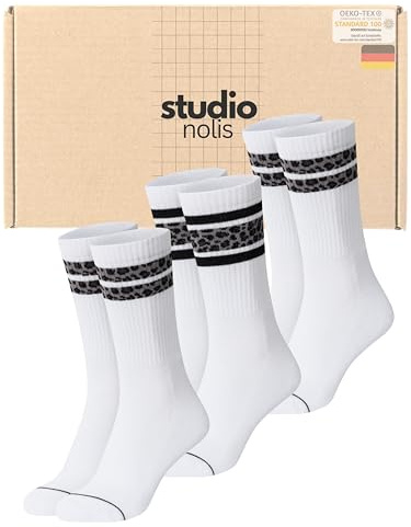Studio Nolis Tennissocken Leo Streifen 3er Set OekoTex100 Baumwolle Damen | Crew Socks Stripes Leo gestreifte Baumwollsocken