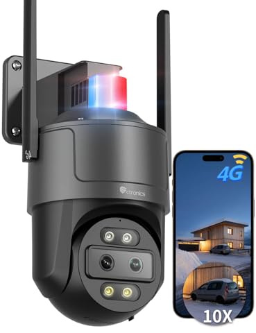 Ctronics 4G Dual-Objektiv Überwachungskamera Aussen, 4MP 10X Hybrid Zoom & Weitwinkel, Auto-Tracking, 30m Farb-Nachtsicht, Rot/Blau-Licht, PC/App, NVR/FTP, Cloud/128GB TF Karte