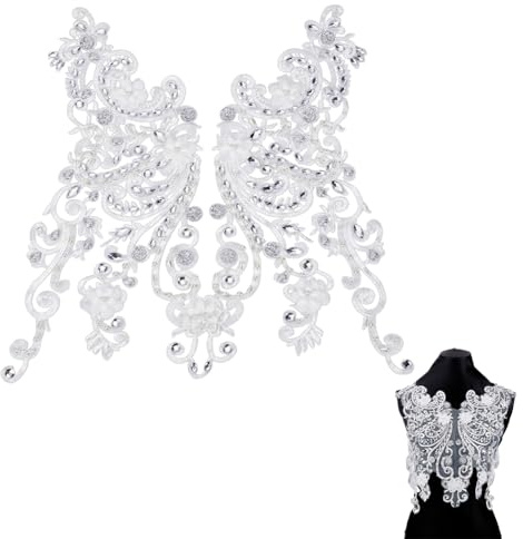 NBEADS 44x47cm Spitze Strass Applikation, Strass Blumen Spitzen Applikation Blumen Stein Spitzenstoff Bestickte Perlen Blumenapplikation Aufnäher Für Brautkleider Und Partykleider DIY Anpassung, Weiß