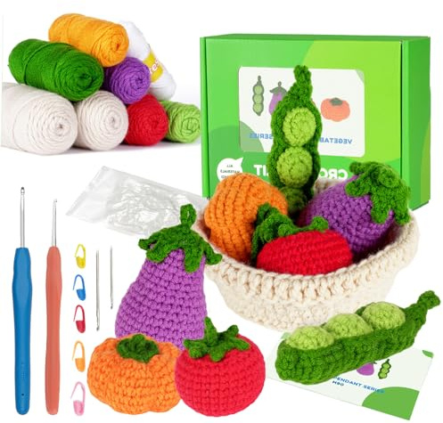 Welhammsae Häkelset für Anfänger, 5 Stück Gemüse Häckel Kit für Anfänger mit Garn, Häkelnadeln, Füllung, Schritt-für-Schritt-Videoanleitungen, Amigurumi Crochet Set für Erwachsene