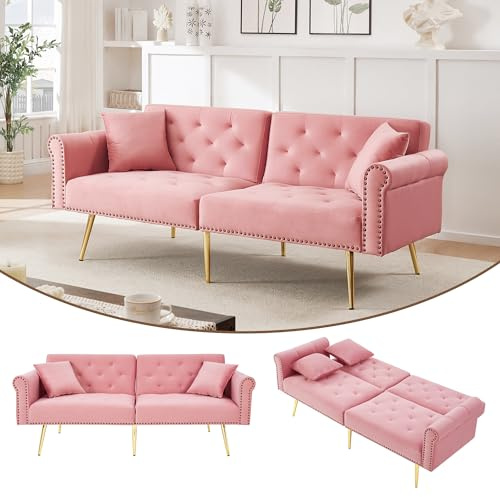 Merax 2-Sitzer-Schlafsofa, 173x75x70 cm, aus Samt, mit 3-stufig Verstellbarer Doppel-Rückenlehne, vergoldeten Metallfüßen, ergonomischer Polsterung, platzsparendes Sofa für kleine Räume, Rosa