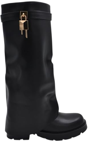 Stivali Donna al Ginocchio Shark in Pelle Nera con Risvolto Gancio Oro Suola Platform 3 cm Zip Interna Nascosta