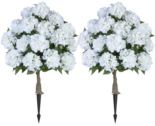 BLOSMON Hydrangea Artificial Flowers for Outdoors - 2 Packs 33 White Fake Flower Topiary Tree for Front Porch Decor - Faux Silk Plants for Indoor Room Outside Garden Yard Patio Decorations