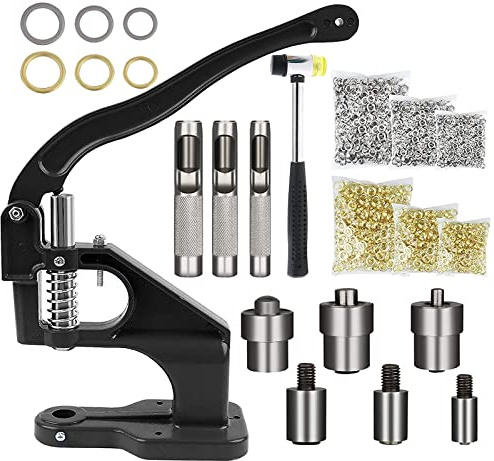 Topsky Multifunktionales Ösenpresse Handpresse Set mit Hammer: 3 Stempelsätze und 3000 Ösen(6/10/12 mm) inklusive– Perfekt für Ösen, Druckknöpfe und mehr – Ihre All-in-One Werkzeuglösung