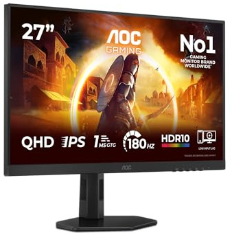AOC Gaming Moniteur Q27G4XFAD 27 Pouce 180Hz Fast IPS Dalle, 1ms GtG, HDR10, G-Sync Compatible, Ajustable en Hauteur, (2560x1440 HDMI 1x 2.0 DP 1x 1.4) Noir