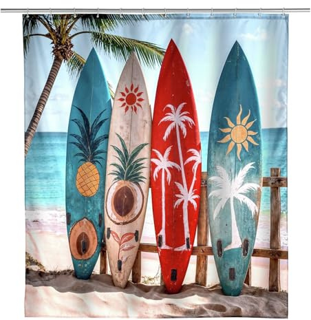 WENKO Duschvorhang 180 x 200 cm Mod. Louros, mit Surfbrett-Motiv, waschbar, mit Gewicht, wasserabweisend, Metallösen, inkl. 12 Duschvorhanginge, Duschvorhang aus Stoff
