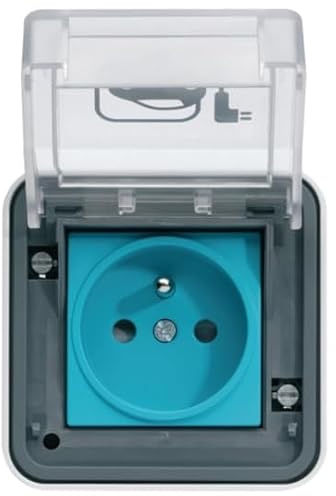 Hager witty prise 2P+T IP55, M2+, saillie, 3,7 kW 16A, pour recharge véhicule électrique et hybride vec couvercle de protection. Montage encastré.