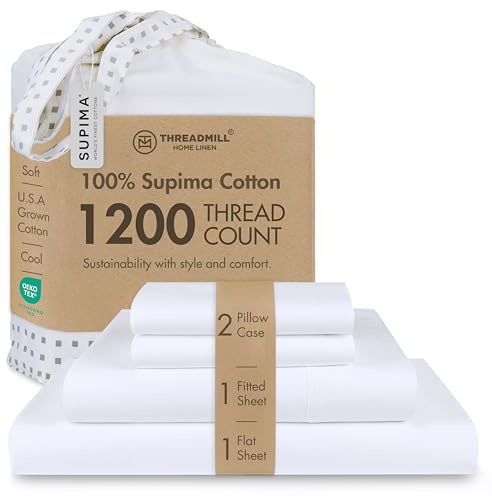Threadmill Home Linen King Size Bettwäsche-Set, 4-teilig, 100% Supima-Baumwolle, Fadenzahl 1200, Satin, Weiß, King Size, 43,2 cm tiefes Taschen-Kingsize-Bettlaken-Set
