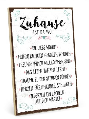 TypeStoff Holzschild mit Spruch – ZUHAUSE – Schild, Bild im Vintage-Look mit Zitat als Geschenk und Dekoration zum Thema Familie, Liebe und Geborgenheit – Sprüche Schilder - HS-00317