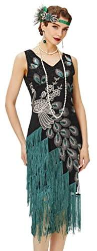 BABEYOND 1920er Jahre Vintage Pfau Pailletten Kleid Gatsby Fransen Flapper Kleid brüllend 20er Jahre Party Kleid, Schwarz mit grünen Fransen, Klein