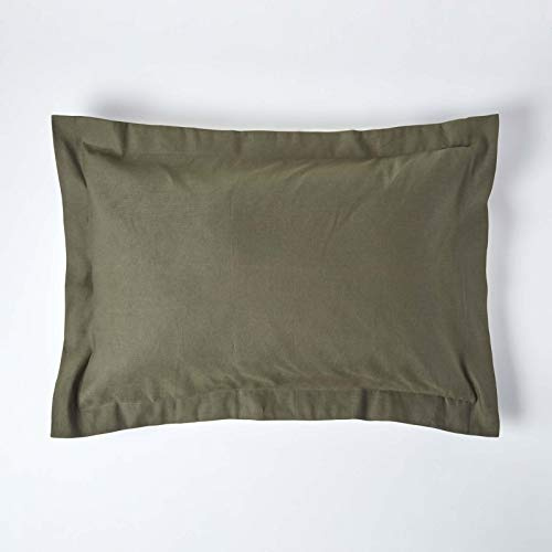 HOMESCAPES Luxury Soft Linen Oxford Pillowcase Plain Dark Green Textured Natural French Flax Fibre Linen & Pure 100% Cotton Blend Khaki Green King Size Oxford Style Pillowcase