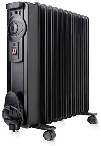 Black+Decker – Radiador de Aceite BXRA2300E de 2300 W con 11 elementos de 140mm. Termostato y 2 potencias de funcionamiento. Función contra sobrecalentamiento, guardacables y ruedas. Negro