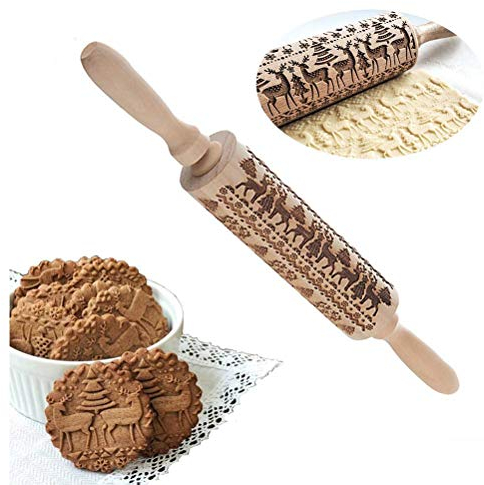 Voarge Rouleau à pâtisserie avec motif de Noël en forme d'élan - Rouleaux à pâtisserie de Noël pour la cuisson de biscuits en relief - Accessoire de pâtisserie parfait pour fondant, pizza