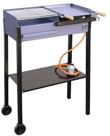 Barbacoa de Gas y Carbón Portátil con Plancha de Acero y Parrilla con Cincado Homologado | Asador de Doble Altura para Exterior 850x980x385 mms | Incluye Paellero, Regulador y Manguera.