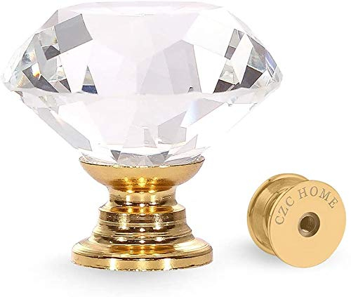 CZC HOME 10pcs 30mm Crystal Glass Door Drawer Knobs Diamond Cut Drawer Handles with 3 Sizes Screws for Cupboard Cabinet Wardrobe Home Decorating, Transparent-Gold Base