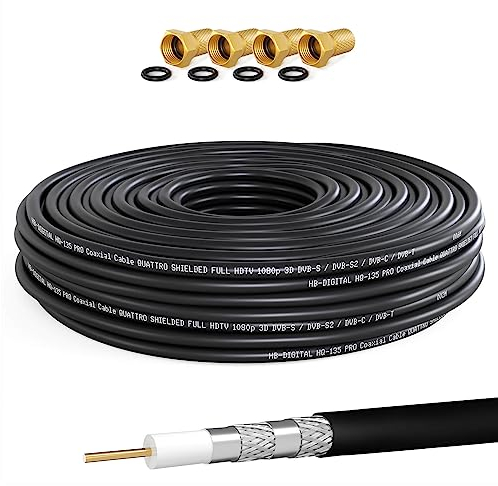 HB-DIGITAL 10m Cable Coaxial HQ-135 Cable de Antena 135dB Cable SAT 8K 4K UHD 4 Veces Apantallado Para Sistemas DVB-S / S2 DVB-C / C2 DVB-T / T2 DAB+ Radio BK + 4 F-Plug GRATIS