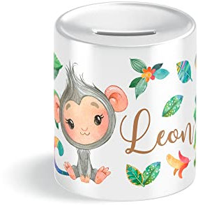 Regenbogen AFFE Kinder-Spardose für Jungen und Mädchen mit Namen personalisiert zur Einschulung Taufe Geburtstag Geburt Sparschwein Geldgeschenk