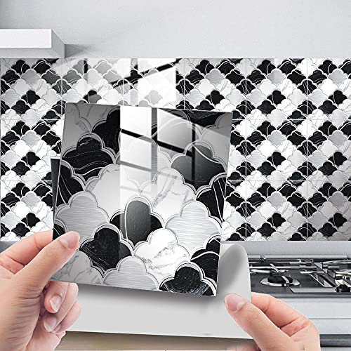 Hiser Stickers Carreaux Muraux - 25 Pièces Adhésive Décorative à Carreaux pour Salle de Bains et Cuisine Stickers Carrelage, Décoration Murale en Carrelage Scales PVC Imperméable Style (Noir,15x15cm)