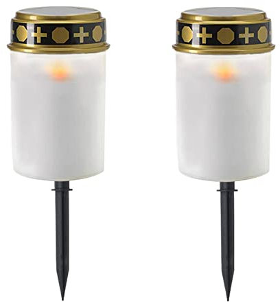 Lanterna solare funeraria LED, lanterna funeraria per cimitero con effetto fiamme, impermeabile, luci decorative per preghiera spacrificiale rituale di zucca, 2 pezzi (bianco, con tappo)