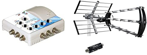 Elap 372016 Amplificateur TV TNT Intérieur - 6 Sorties - Filtre 4G Blanc 372016 & Metronic 415044 Antenne d'extérieure Trinappe 26dB UHF - Fiche F + Filtre 4G intégré