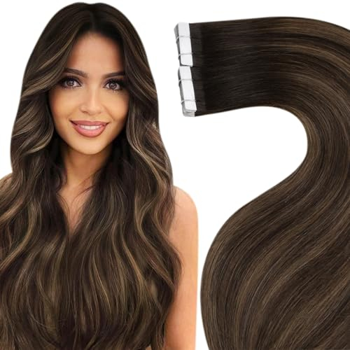 LaaVoo Tape Extensions Echthaar Braun Tape in Haar Extensions Skin Weft Haarverlängerung Echthaar Tape in Extensions Invisible Dunkelbraun Balayage Hellbraun 50cm 50g 20PCS #2/8/2