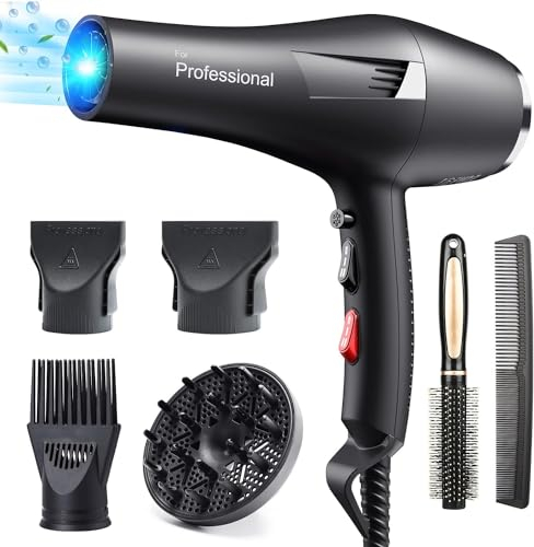 Happygoo Secador Pelo Profesional Iónico 2400W Secadores de Pelo Motor AC 3 Temperaturas 2 Velocidades, Botón Aire Frío, 2 Concentradores y 1 Difusor 2,5 Metros de Cable, Rápido Secado Cabello