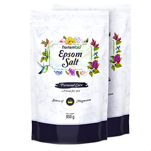 Nortembio Sel d'Epsom 2x850 g. Source Concentrée de Magnésium Naturel. Sel de Bain 100% Pur, Sans Additifs. Détente Musculaire et Bon Sommeil. E-Book Inclus.