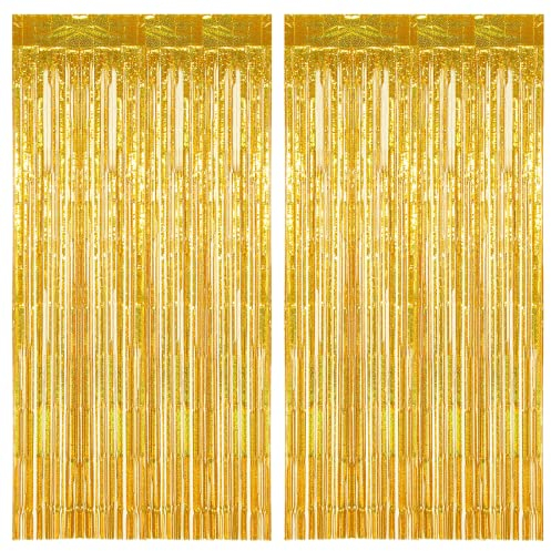 Silvester Lametta Vorhänge Gold Glitzer, 2 Stück Metallische Glitzervorhang Fringe 1m x 2m, Glitzer Tinsel Curtain, Folienfransen Vorhang für Weihnachtsbaum Geburtstage Festivals Party Bühnendekor