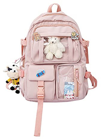 NICOLE & DORIS Rucksack Damen Niedlicher Schulrucksack Daypack Kawaii Rucksack Reise mit Mehreren Taschen und Plüschpuppen College Backpack für Mädchen Rosa