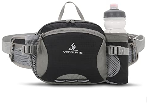 Bauchtasche Gürteltasche mit Flaschenhalter Hüfttasche Sport Wasserdicht Bumbag Waist Fanny Pack für Outdoor Reise Wandern Hundetraining Herren und Damen Schwarz