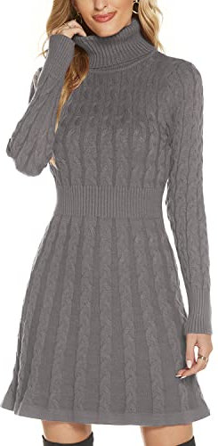 QUNERY Vestito Donna Invernale Elegante,Abito in Maglia Manica Lunga Collo Alto per Autunno,Vestiti Maglione Elasticizzato Casual B-Grigio-A Line S