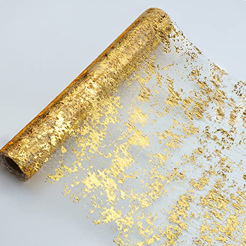 Snowkingdom Glitter Metallic Gold Table Runner 11 Inch x 100 Feet Inches Thin Mesh Sparkle Table Runner Roll Table Decorations for Wedding Bridal Shower, Baby Shower, Birthday Party (1PC)