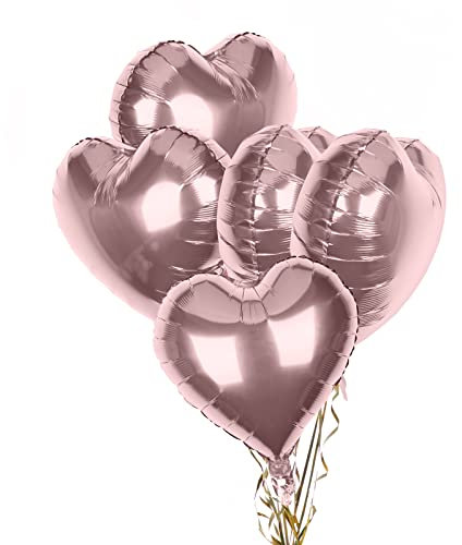 Pack of 5 Rose Gold Heart Balloons, 18 Inches Heart Shape Foil Balloons, Heart Balloons Helium for Valentines Engagement Bridal Shower Graduation Wedding Anniversary Birthday Party Decorations